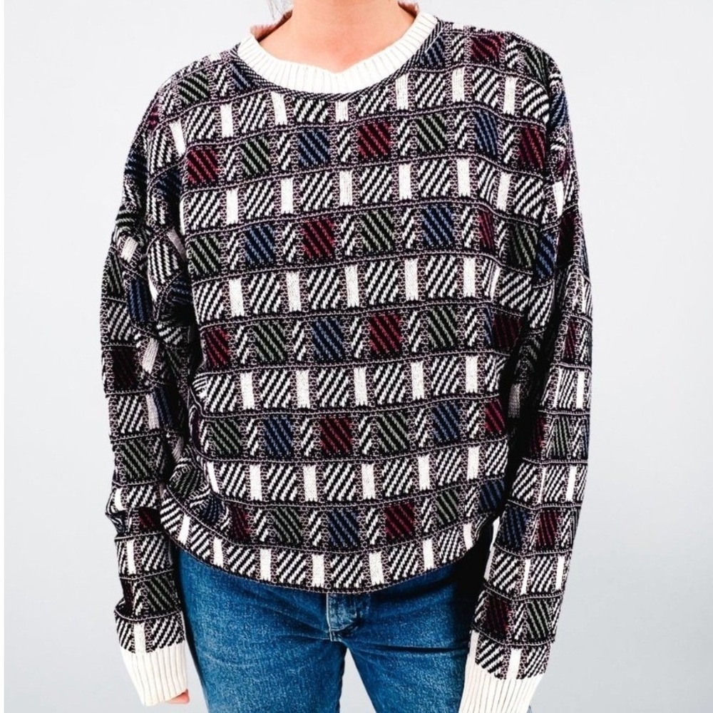 Crossings Fine Line Vintage Geometric Knit Cotton Sweater Mens Large Multicolor